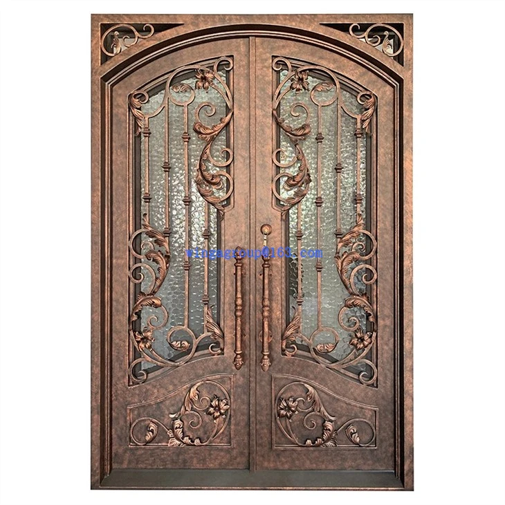 Unique Iron Flower Golden Color Front Entry Exterior Handmade Wrought Iron Double Door