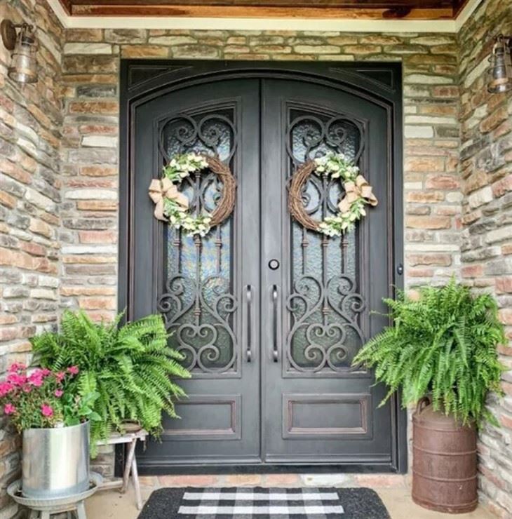 Unique Iron Flower Golden Color Front Entry Exterior Handmade Wrought Iron Double Door